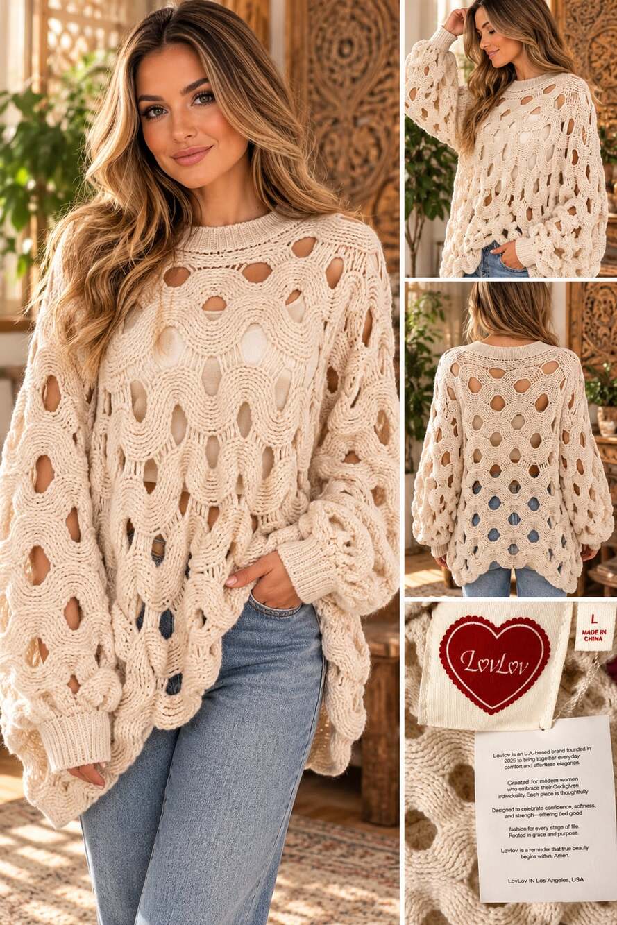 LovLov Chunky Crochet Knit Sweater Size L Beige Cut Out Pullover